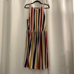 2X eShakti dress in beige, yellow, blue and red geometric stripe print.